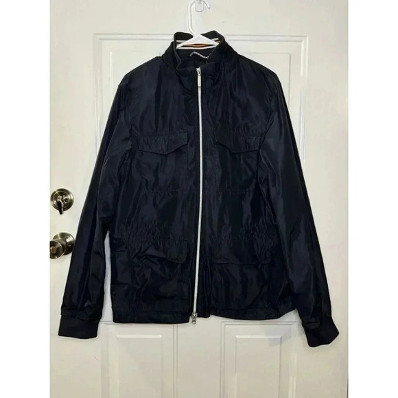 NEIMAN MARCUS Men’s Navy Blue Windbreaker Jacket Turtle Neck Multi Pocket Large - Picture 1 of 10